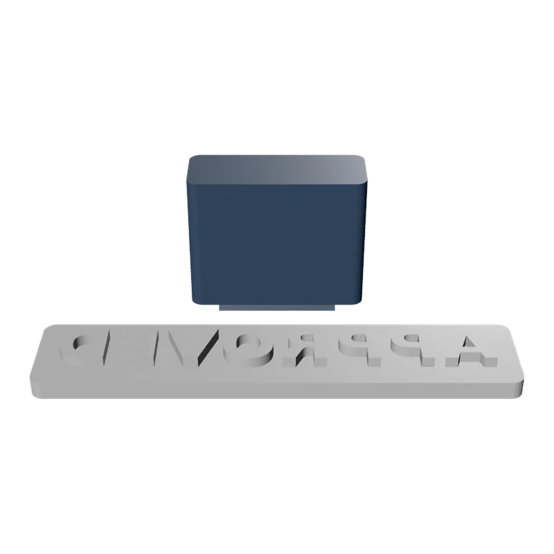 Rectangular ink stamp with the word APPROVED mirrored, and its handle.